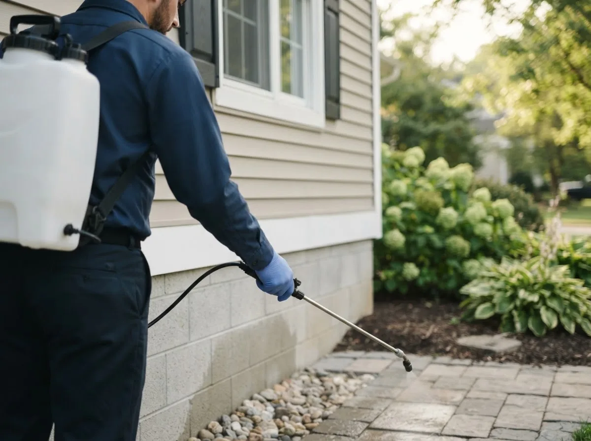 Pest control technician inspecting a home in Nemaha, IA